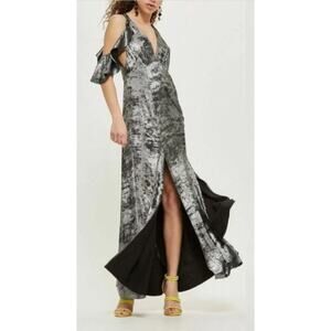 Topshop 4 Metallic Foil Cold Shoulder Maxi Dress Gown Silver Ruffle Long Slit
